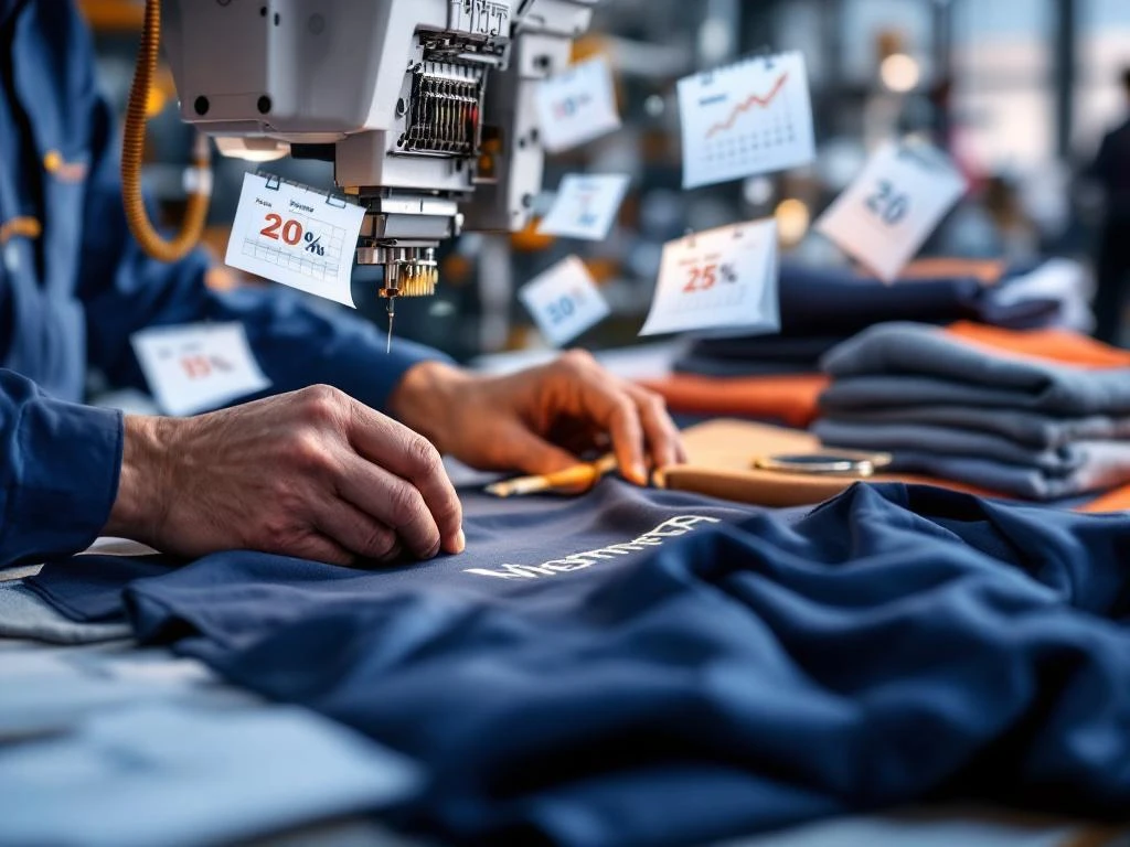 Handen bedienen industriële borduurmachine op marineblauw werkkleding met kleurrijke draden en gepersonaliseerde uniformen