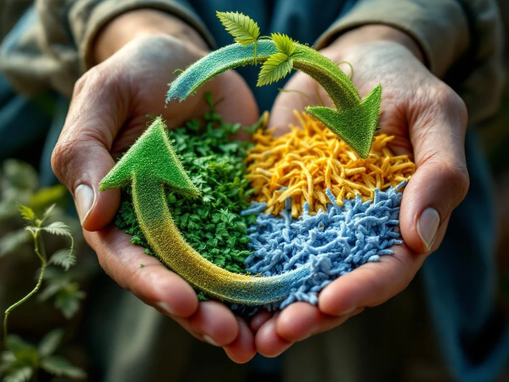 Handen houden gerecyclede textielvezels die transformeren tot duurzame werkkleding via circulaire groene draad