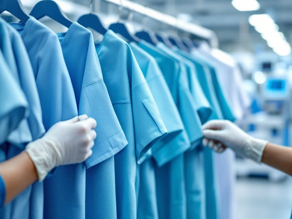Handen in handschoenen onderzoeken kwaliteit van medische scrubs op kledingrekken in zorgomgeving