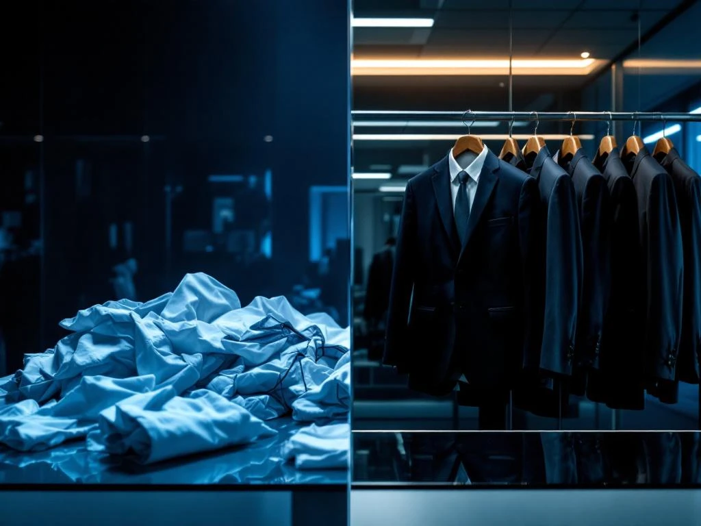Professionele kantooromgeving met contrast tussen nonchalante kleding links en zakelijke uniformen rechts