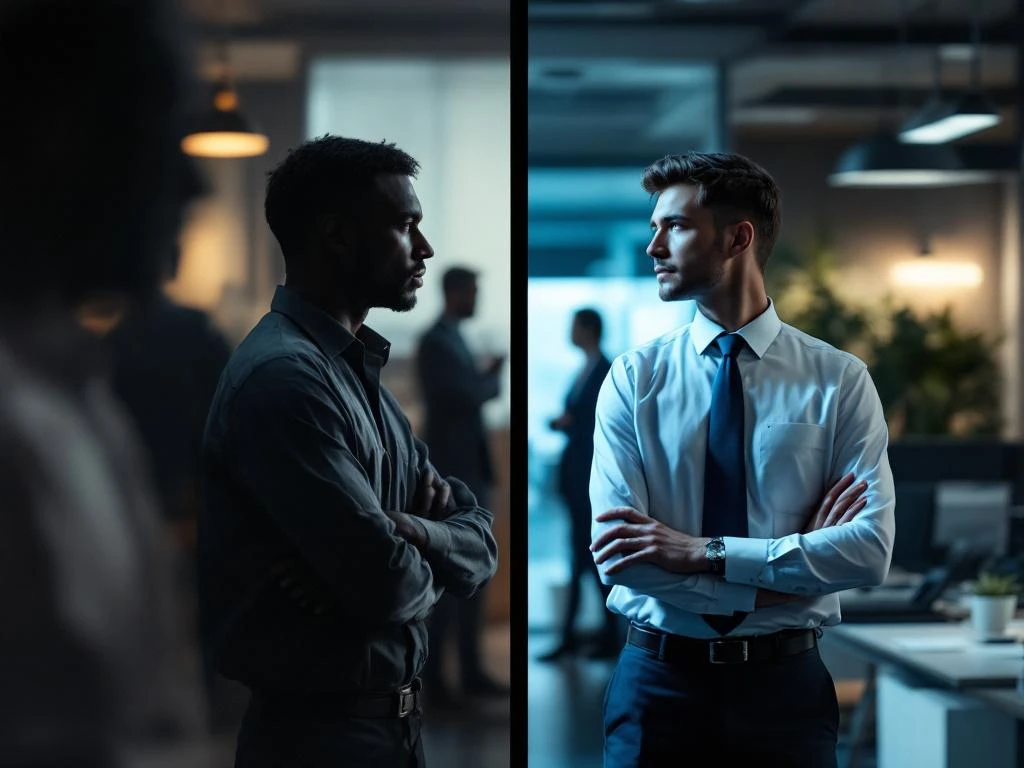 Professionele werknemers in uniform tegenover onverzorgde collega's in kantooromgeving, contrast in presentatie