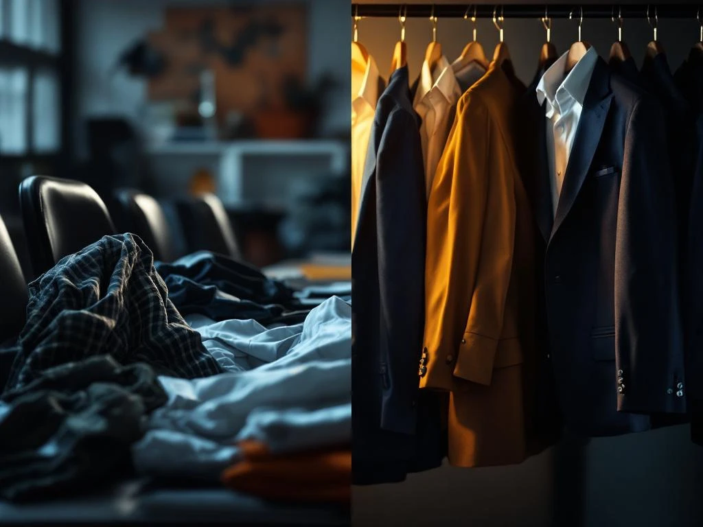 Professionele werkkleding transformatie: rommelige casual kleding links versus nette pakken en uniformen rechts