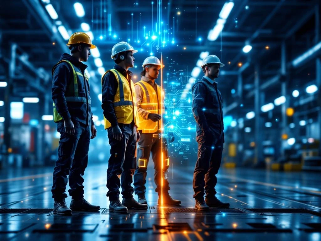 Vergelijking traditionele werkkleding met slimme werkkleding met sensoren en LED-indicatoren in industriële omgeving