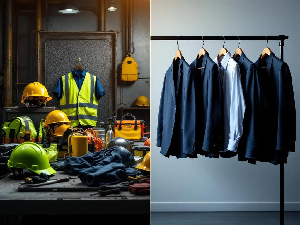 Gesplitste weergave van werkkleding met veiligheidsvesten en helmen links, zakelijke kleding met blazers rechts