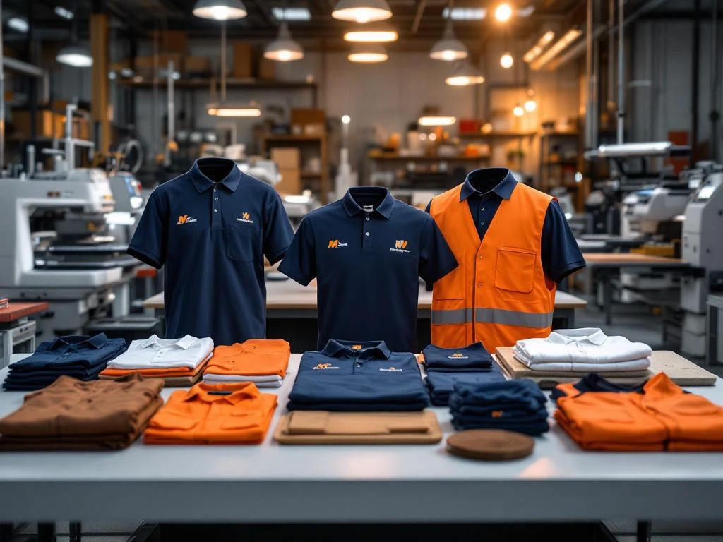 Professionele werkkleding met verschillende druktechnieken: geborduurde logo's, zeefdruk en warmteoverdracht op shirts