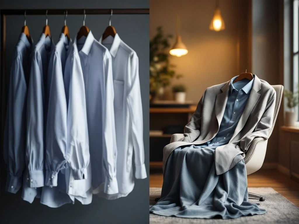 Evolutie van werkkleding: formele overhemden links versus comfortabele hybride werkkleding rechts in split-screen compositie