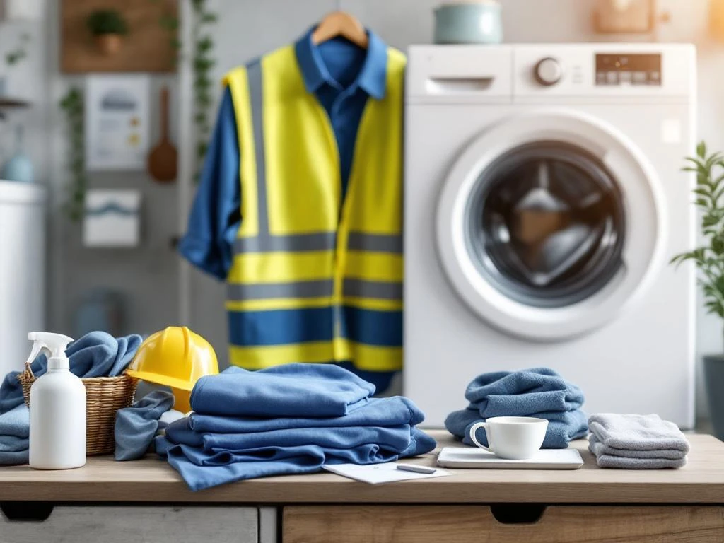 Professionele werkkleding en veiligheidsvesten op houten oppervlak naast wasmachine met wasmiddel en zorgproducten