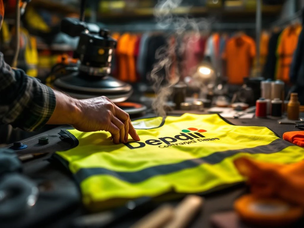 Handen die bedrijfslogo op reflecterend werkvestje aanbrengen met hittepers, personalisatietools op werkbank