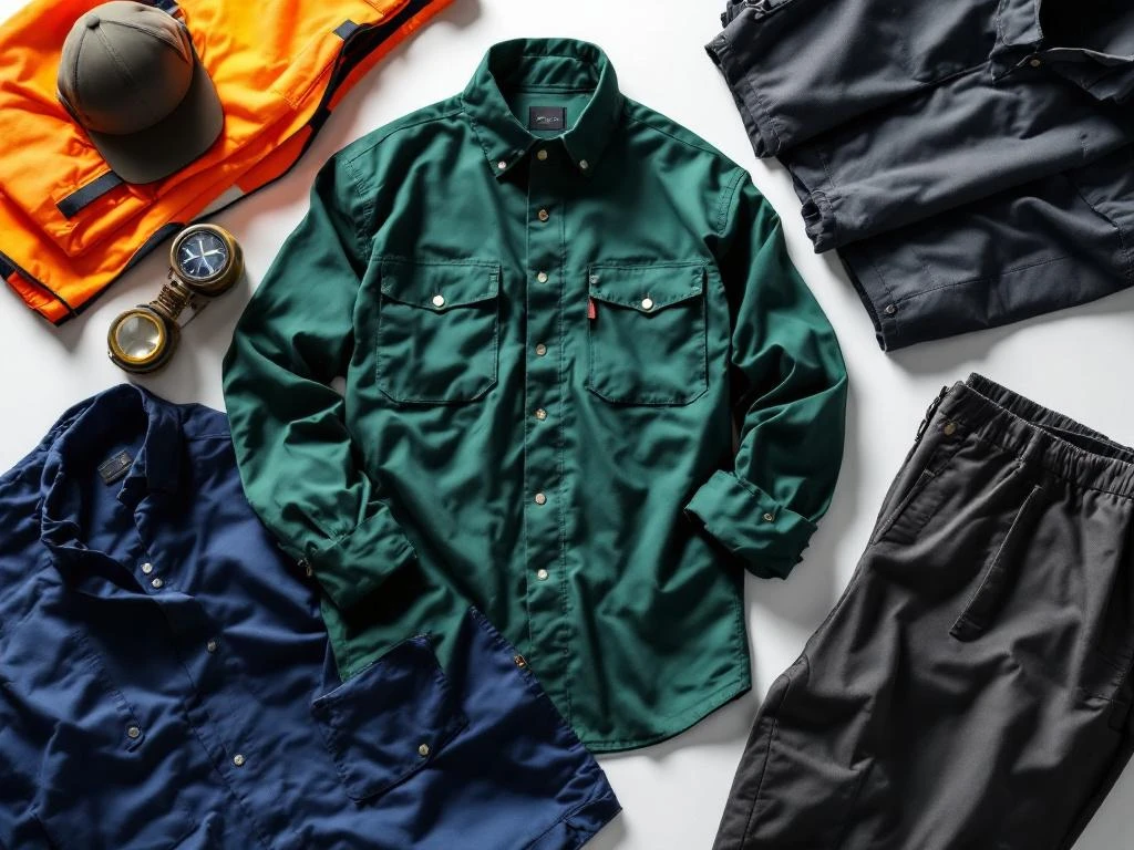 Professionele werkkleding collectie met veiligheidsvesten, werkshirts en broeken op witte achtergrond