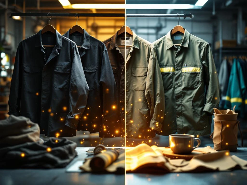 Werkkleding trends 2025: traditionele donkere uniformen links, moderne duurzame werkkleding in aardtinten rechts
