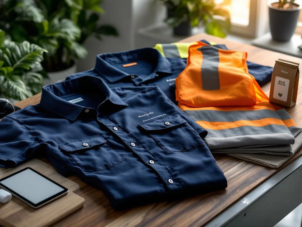 Professionele werkkleding op houten bureau met veiligheidsvesten, polo's en duurzame stoffen in moderne kantooromgeving