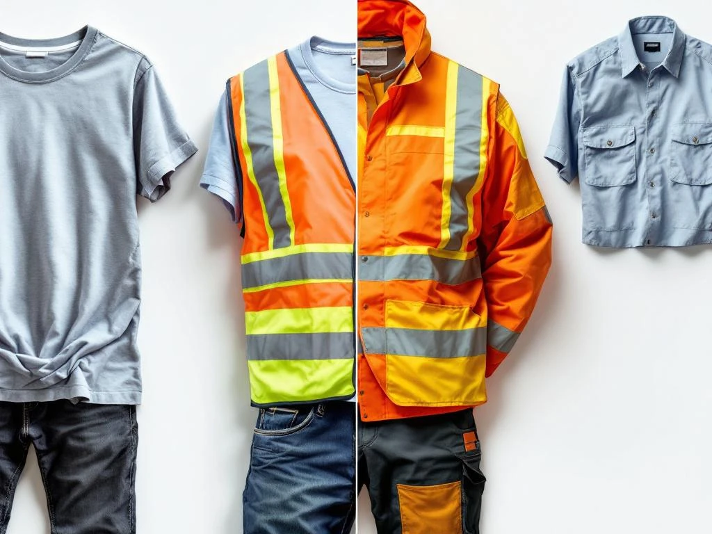 Split-screen vergelijking van casual kleding links en professionele werkkleding met reflecterende vesten rechts