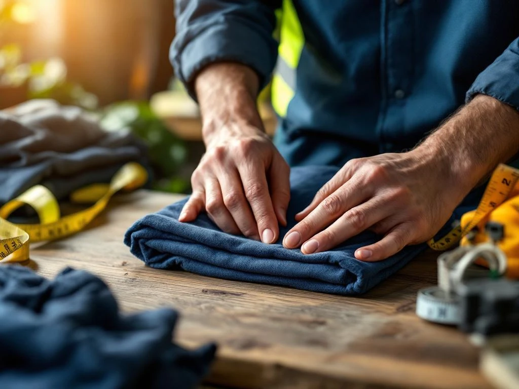 Handen vouwen hoogwaardige werkkleding op houten oppervlak met veiligheidsvesten en overalls op achtergrond