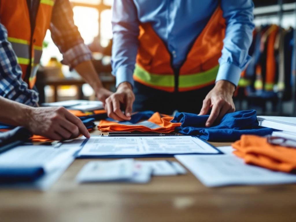 Handen in zakelijke kleding arrangeren werkuniformen op professioneel bureau met beleidsdocumenten en mappen