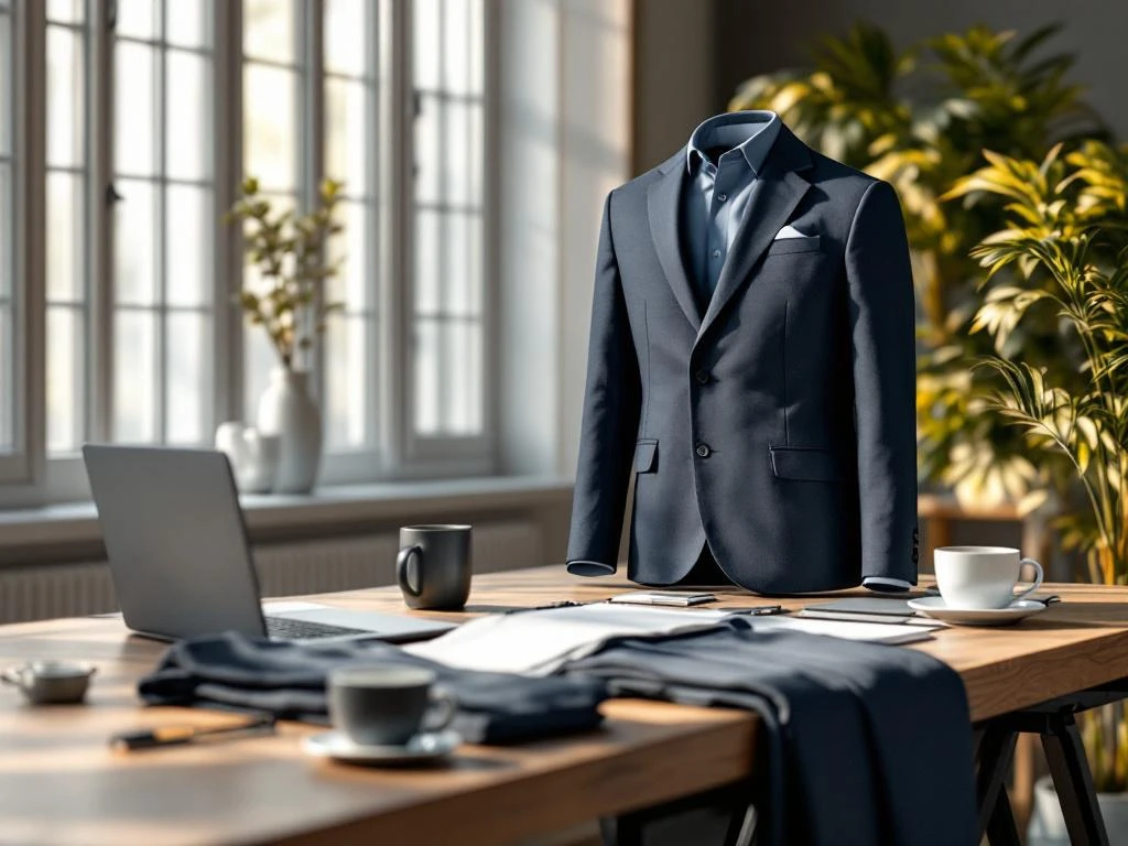 Professionele bedrijfskleding op houten bureau: wit overhemd, marine blazer, grijze broek en polo in kantooromgeving