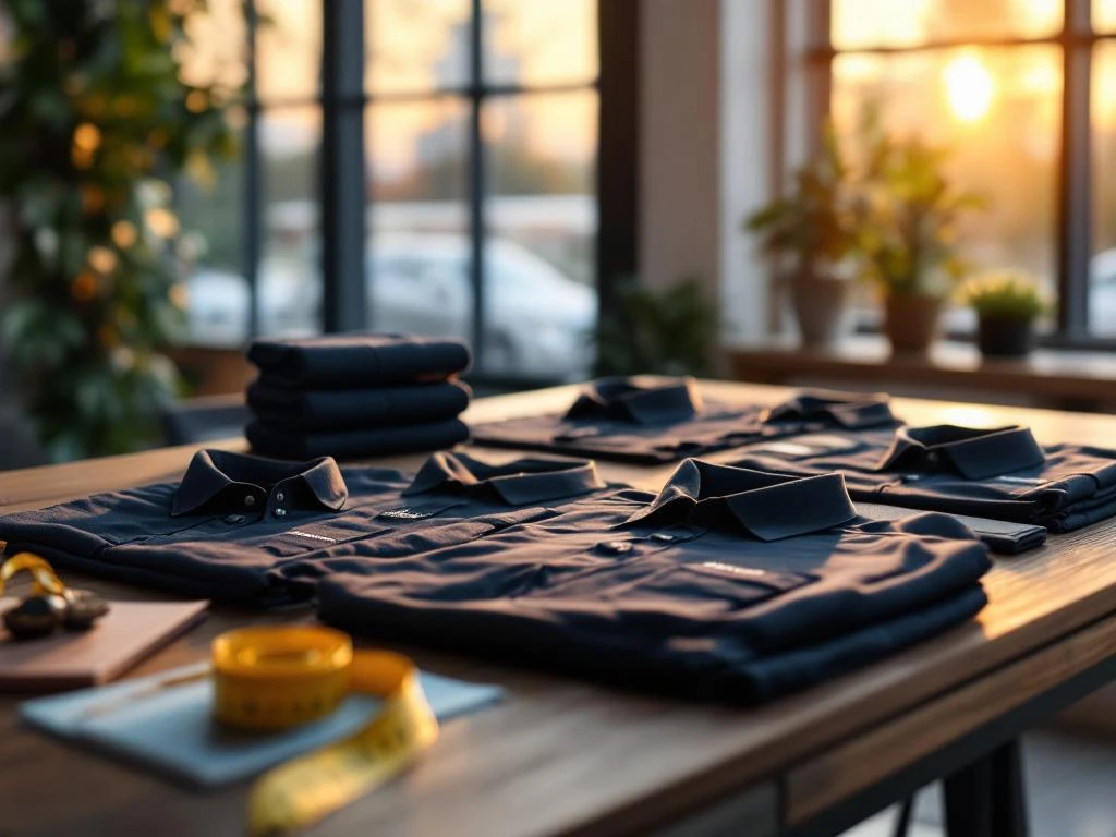 Gepersonaliseerde werkkleding op houten tafel met geborduurd bedrijfslogo en maatlinten in moderne kantooromgeving