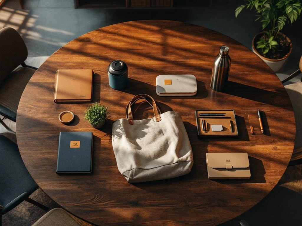 Houten vergadertafel met vijf B2B relatiegeschenken: leren notitieboek, waterfles, tas, pennenset en bamboe accessoires