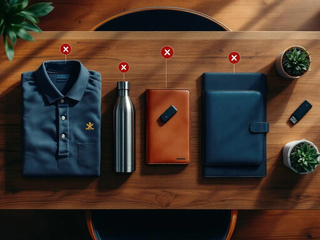 Vijf zakelijke relatiegeschenken op houten bureau met rode waarschuwingssymbolen: polo, waterfles, portfolio, USB, plant