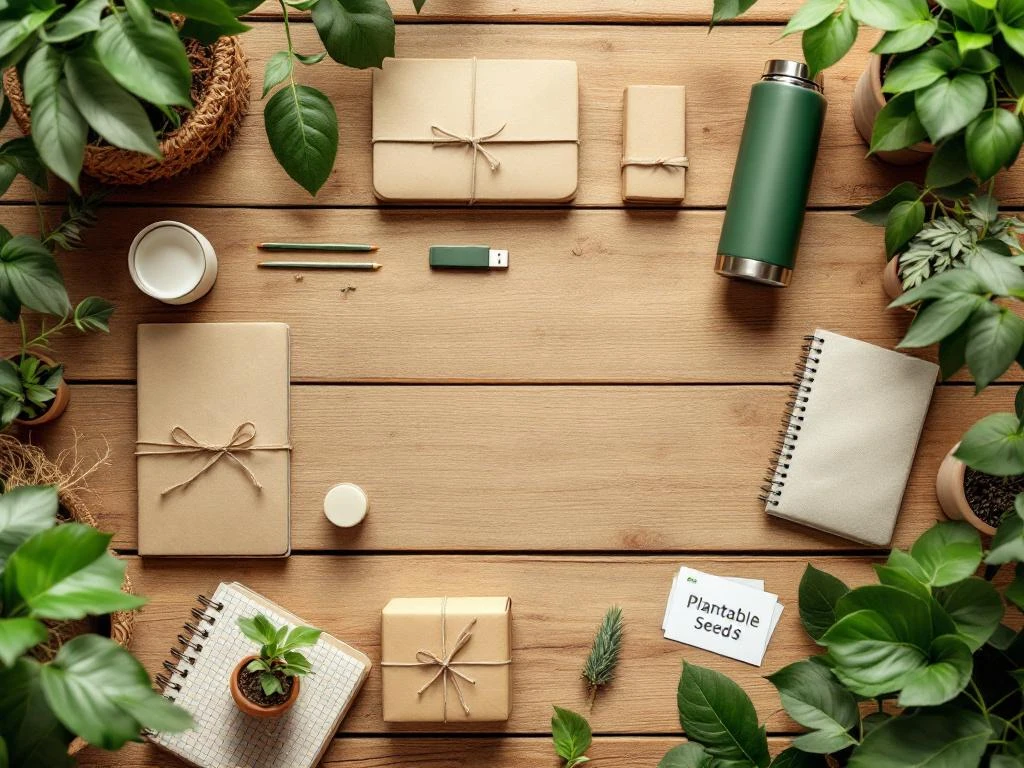 Duurzame relatiegeschenken zoals bamboe USB-sticks, katoenen tassen en roestvrijstalen flessen op houten tafel met planten