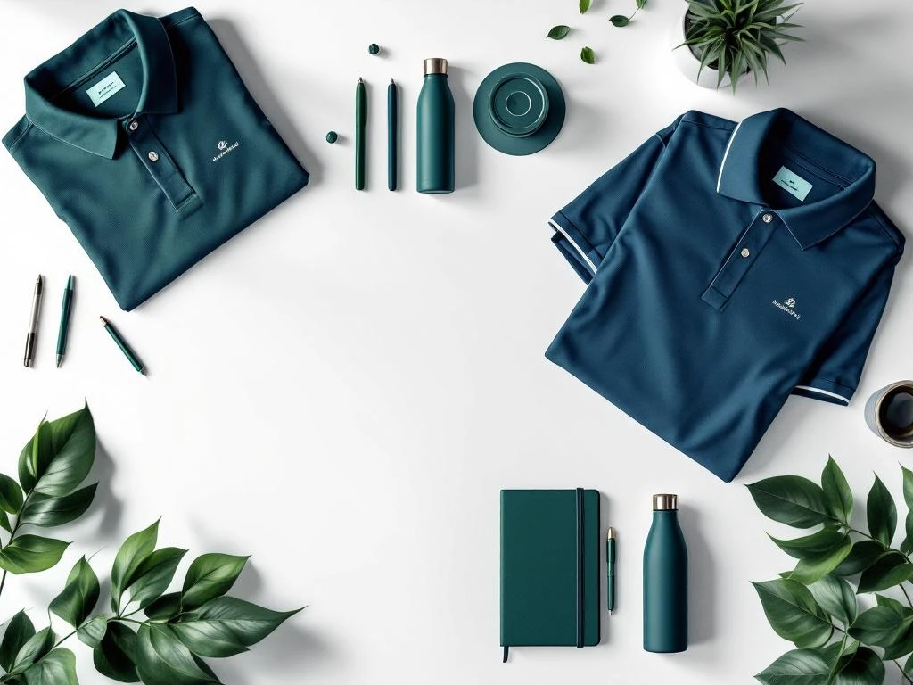 Platte lay van bedrijfsmerchandise met geborduurd poloshirt, tassen, flessen en pennen op witte achtergrond