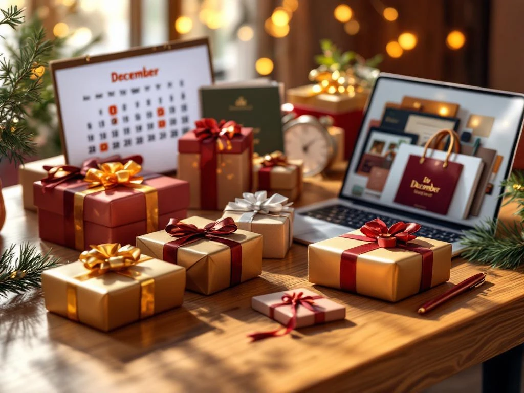 Elegante cadeaudozen met linten op houten bureau naast laptop met decemberkalender, promotieartikelen in tassen