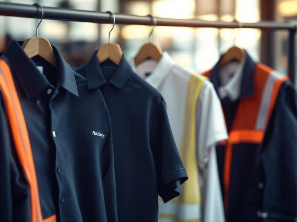 Professionele werkkleding op hangers: polo's, veiligheidsvesten en jasjes in navy, wit en grijs tegen kantoorachtergrond