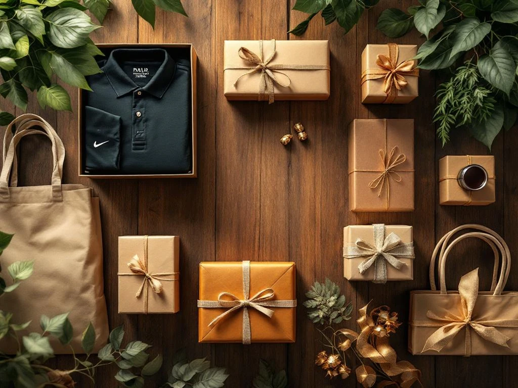 Elegante zakelijke eindejaarsgeschenken op houten tafel met duurzame verpakking in groene en gouden tinten