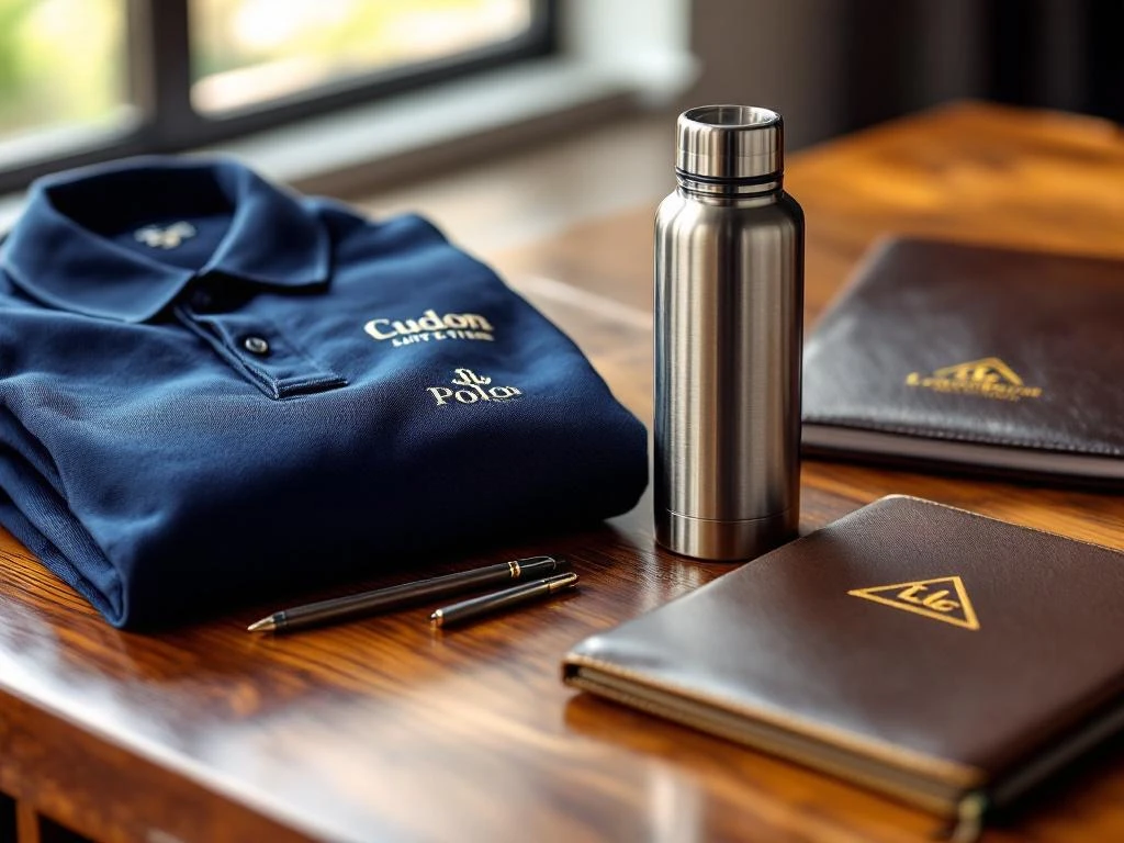 Luxe bedrijfscadeaus op houten bureau: geborduurd polo shirt, gegraveerde waterfles en leren portfolio met logo's
