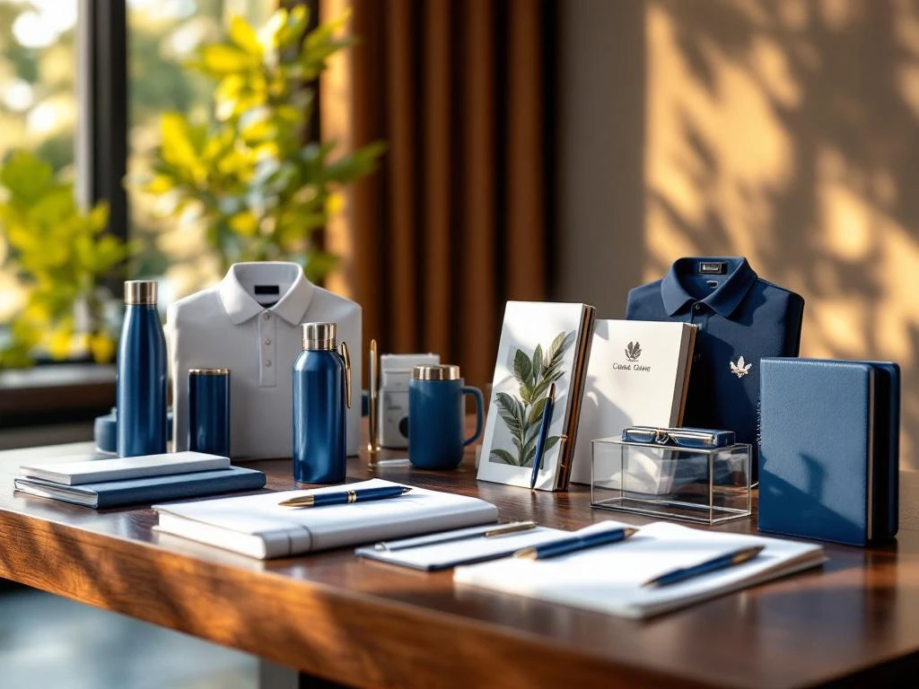Hoogwaardige relatiegeschenken op houten bureau: geborduurde polo's, notebooks, drinkflessen en pennensets in blauw