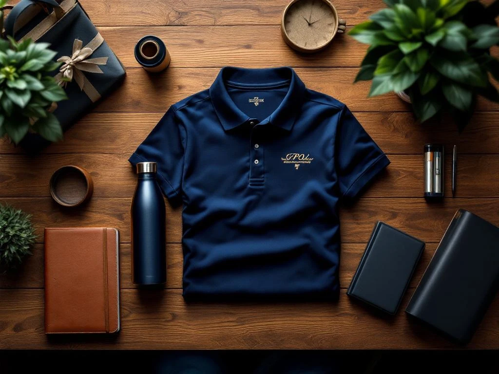 Vijf premium zakelijke relatiegeschenken gerangschikt op houten bureau: polo shirt, waterfles, notitieboek, tas en pennenset