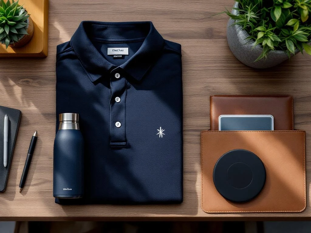 Vijf hoogwaardige relatiegeschenken op houten bureau: polo shirt, waterfles, leren notitieboek, tas en draadloze oplader