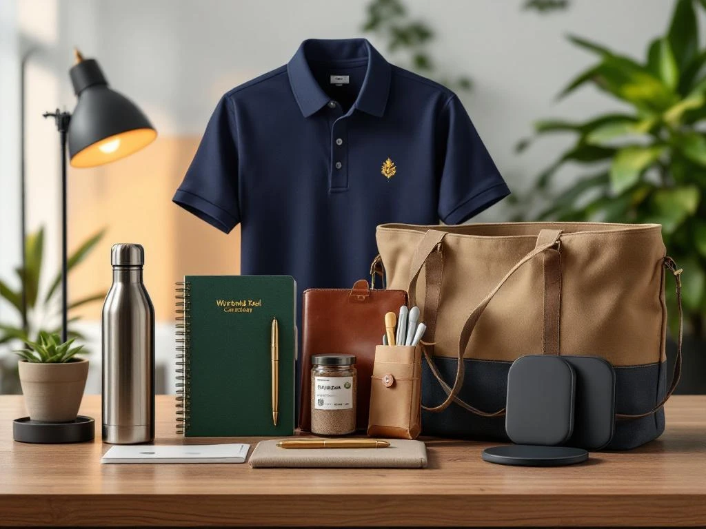 Vijf premium zakelijke relatiegeschenken op houten bureau: polo shirt, waterfles, leren portfolio, tas en draadloze oplader