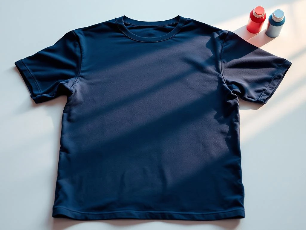 Marineblauw t-shirt met kleurrijke print getoond voor- en achterkant, zeefdruk apparatuur op achtergrond