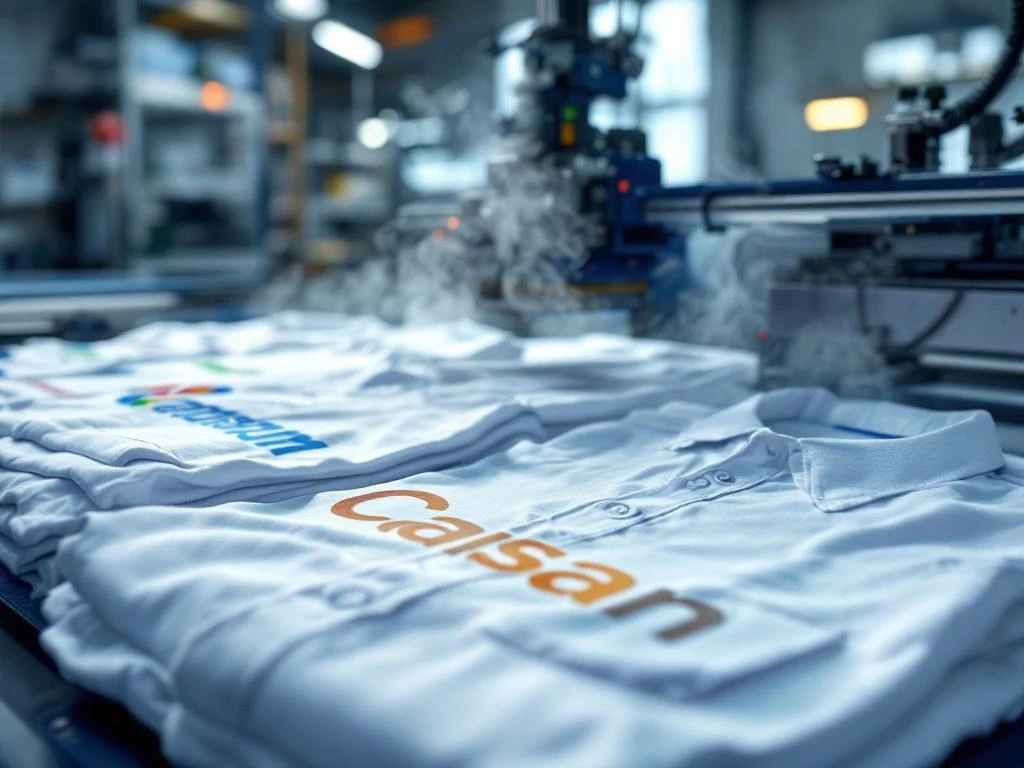 Witte bedrijfsshirts met kleurrijke sponsorlogo's tijdens professionele zeefdrukproces op moderne werkplek