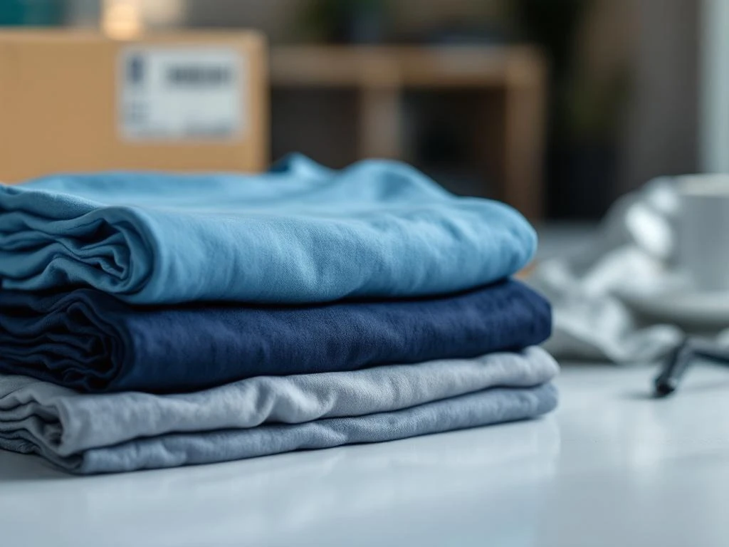 Gevouwen bedrukte t-shirts gestapeld op wit oppervlak met kleurrijke custom print zichtbaar, retourlabel op achtergrond