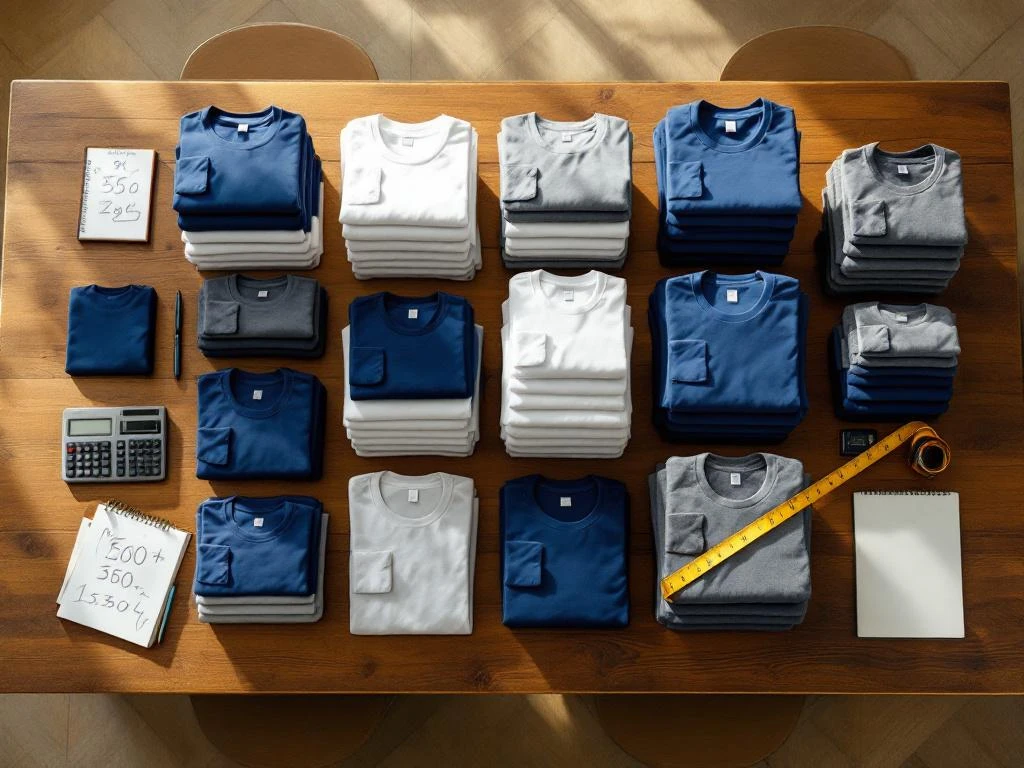 Bovenaanzicht van houten tafel met gestapelde bedrijfs-t-shirts in verschillende kleuren en hoeveelheden voor events