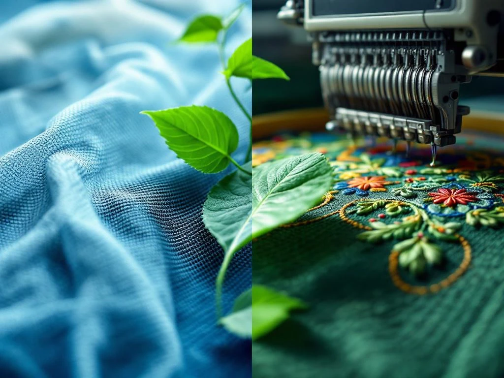 Duurzame textielbedrukking en borduurwerk in close-up met milieuvriendelijke inkt en draad op natuurlijke stoffen