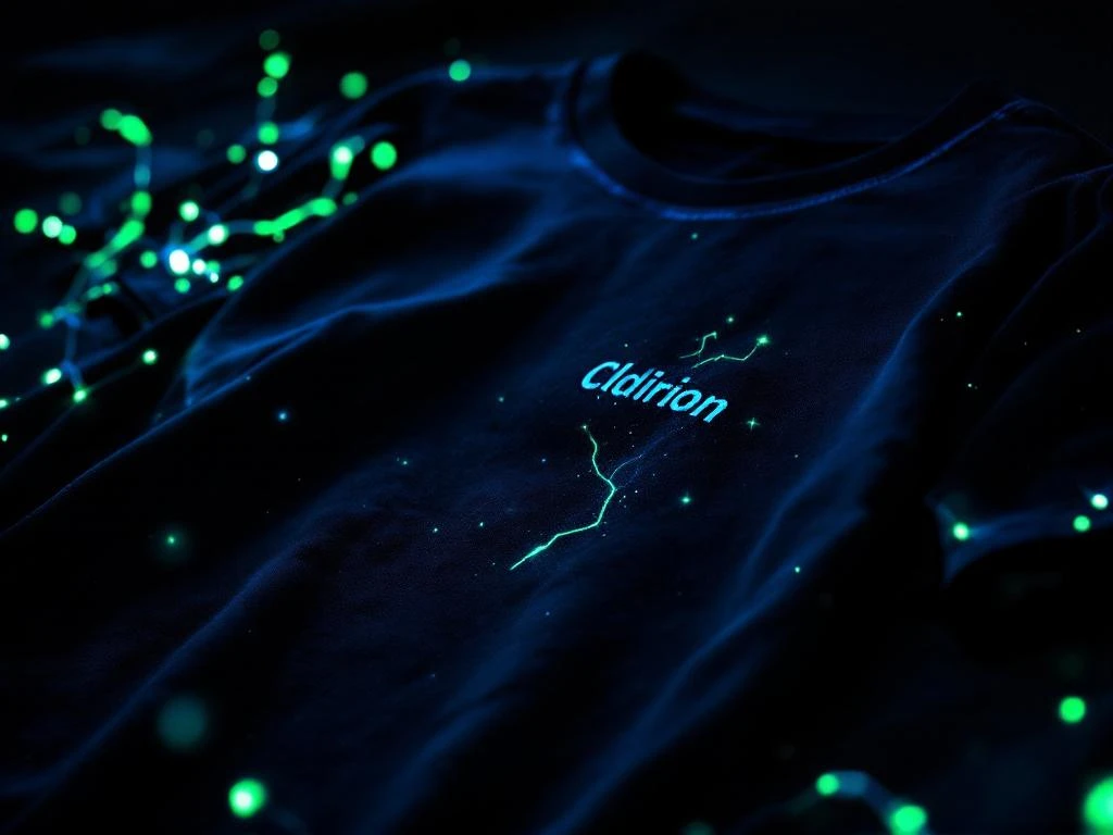 Donker t-shirt met gloeiende groen-blauwe prints in dramatische studiobelichting tegen schaduwrijke achtergrond