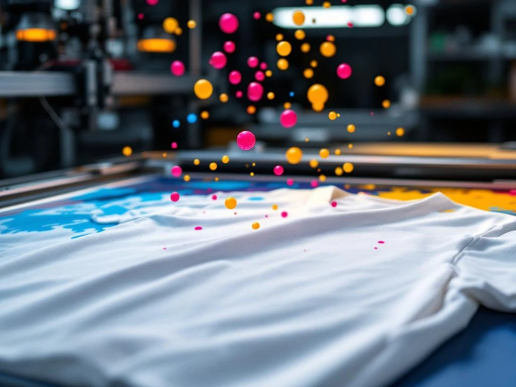 Wit katoenen shirt op professionele zeefdrukwerkplek met kleurrijke inktdruppels in cyan, magenta en geel