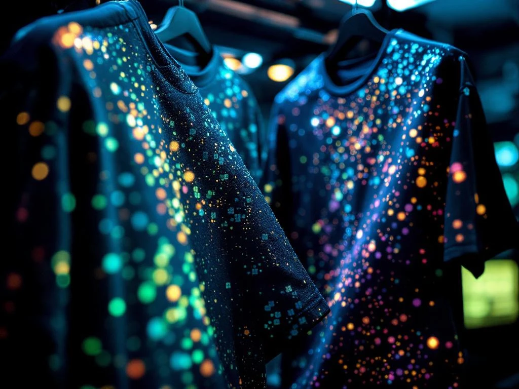 Moderne t-shirts met holografische folie, 3D-prints en duurzame inkt in blauw-groene tinten met drukapparatuur op achtergrond