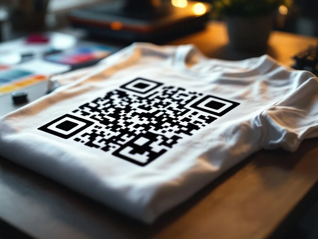 Wit t-shirt met zwarte QR-code op moderne werkplek met drukapparatuur en professionele verlichting