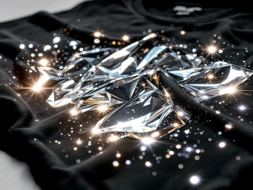 Zwart t-shirt met glanzende zilveren reflecterende prints die schitteren onder studiolicht op witte achtergrond