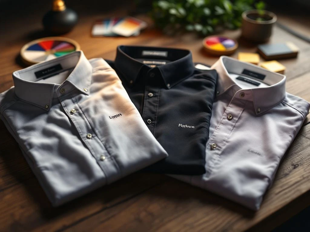 Hoogwaardige shirts in verschillende kleuren met logo's in waaiervorm op houten oppervlak met kleurstalen
