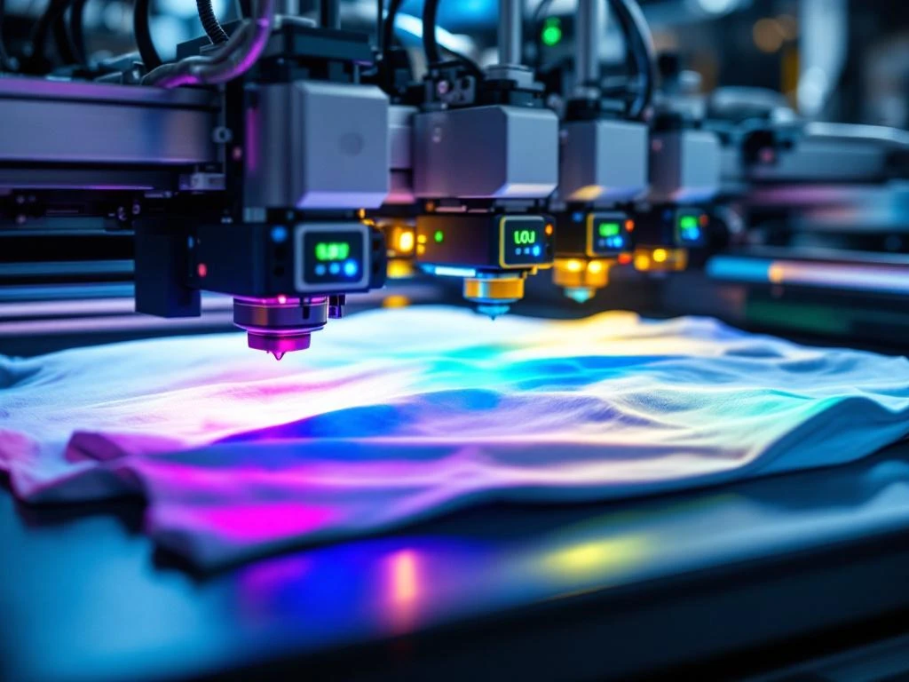 Moderne digitale t-shirt printmachine in actie met kleurrijke inkt op wit shirt, geavanceerde technologie zichtbaar