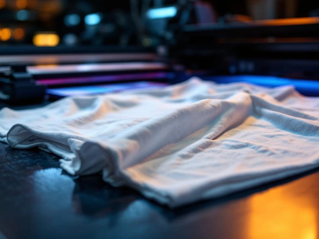 Witte t-shirt met testprint op professionele druktafel met gekleurde inktmonsters en drukapparatuur op achtergrond