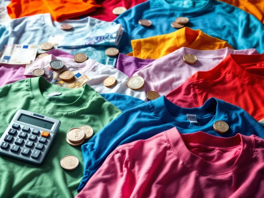 Kleurrijke t-shirts met verschillende druktechnieken omringd door eurobiljetten, munten en prijslabels op witte achtergrond