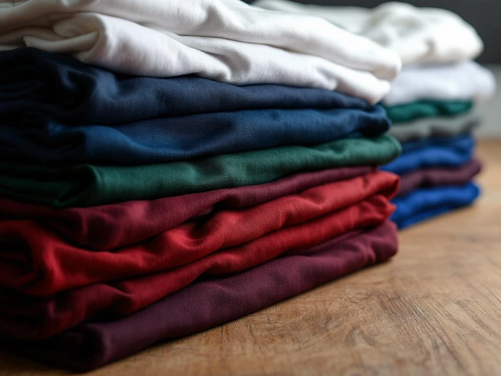 Neatly gevouwen t-shirts in populaire kleuren voor bedrukking: wit, marineblauw, grijs, groen, bordeaux en blauw op hout