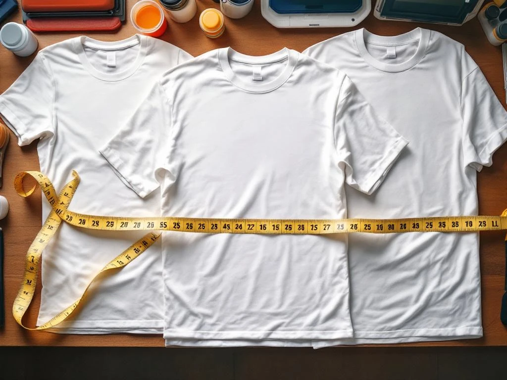 Blanco t-shirts in maten XS tot XXXL uitgespreid op houten tafel met zeefdrukmateriaal en meetlint
