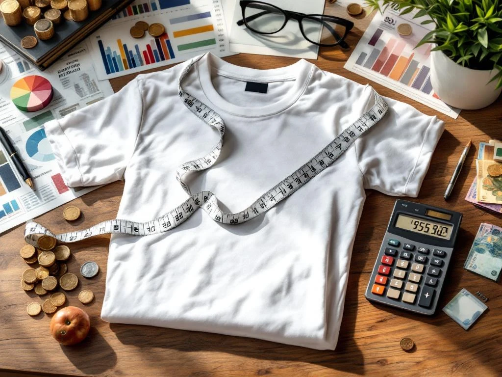 Wit t-shirt op houten bureau met rekenmachine, euro's, meetlint en kleurstalen voor kostenberekening textieldruk