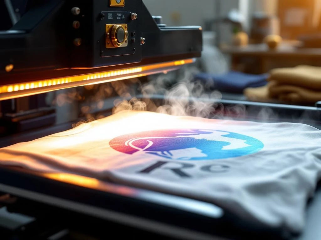Hittepers brengt vinyl ontwerp aan op wit t-shirt met stoom en warme verlichting in professionele werkruimte
